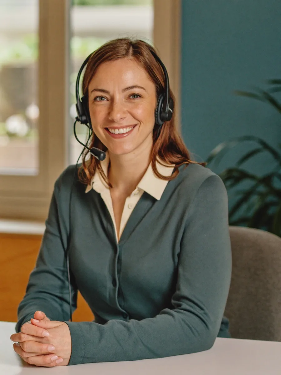 Freundliche Beraterin mit Headset berät am Telefon